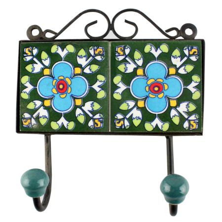 Turquoise Floral Ceramic Tile Hook